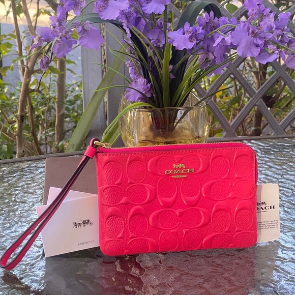 Coach Handbags - Coach Pink Logo Vernis Pink Wristlet NWT